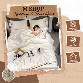 Bộ chăn ga phi lụa thêu chữ h-luxury 💥 cao cấp 💥 ga gối mềm mịn với chăn trần bông, tặng kèm vỏ gối ôm