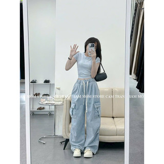 Quần jeans nữ ống rộng túi hộp mẫu mới 2024