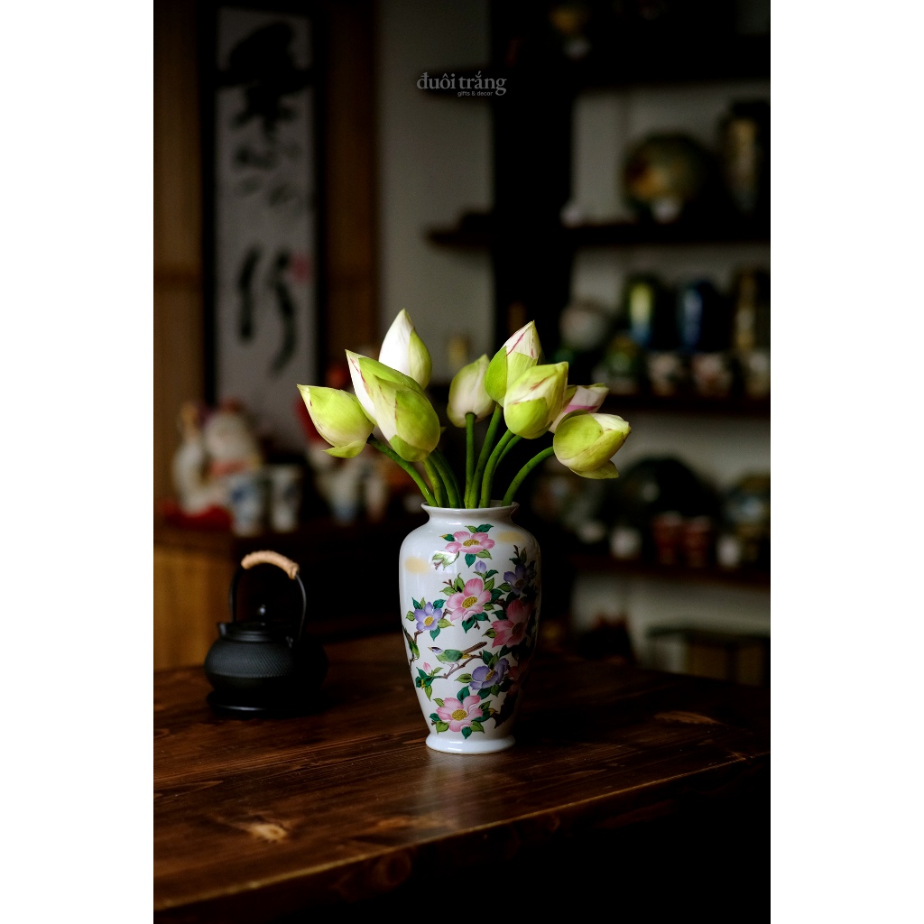 Bình hoa Kutani Xám họa tiết chim trong vườn hoa trà D15cm x H24.5cm - K8-1233 - Kutani