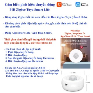 Cảm biến PIR phát hiện chuyển động, Zigbee, App Tuya Smart / Smart Life, Home Assistant -