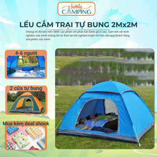Lều cắm trại gấp gọn 2mx2m cho 4- 6 người vải Oxford 210T, lều dã ngoại ngoài trời picnic 2 cửa thoáng mát