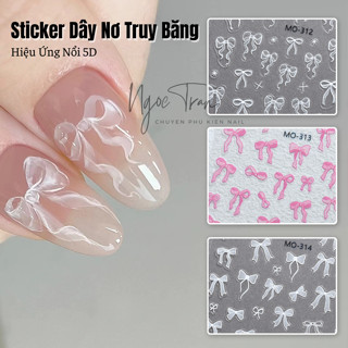  Sticker Lụa Nổi 5D | Dây Nơ Truy Băng Trắng Hồng | Hình Dán Móng Tay MO 