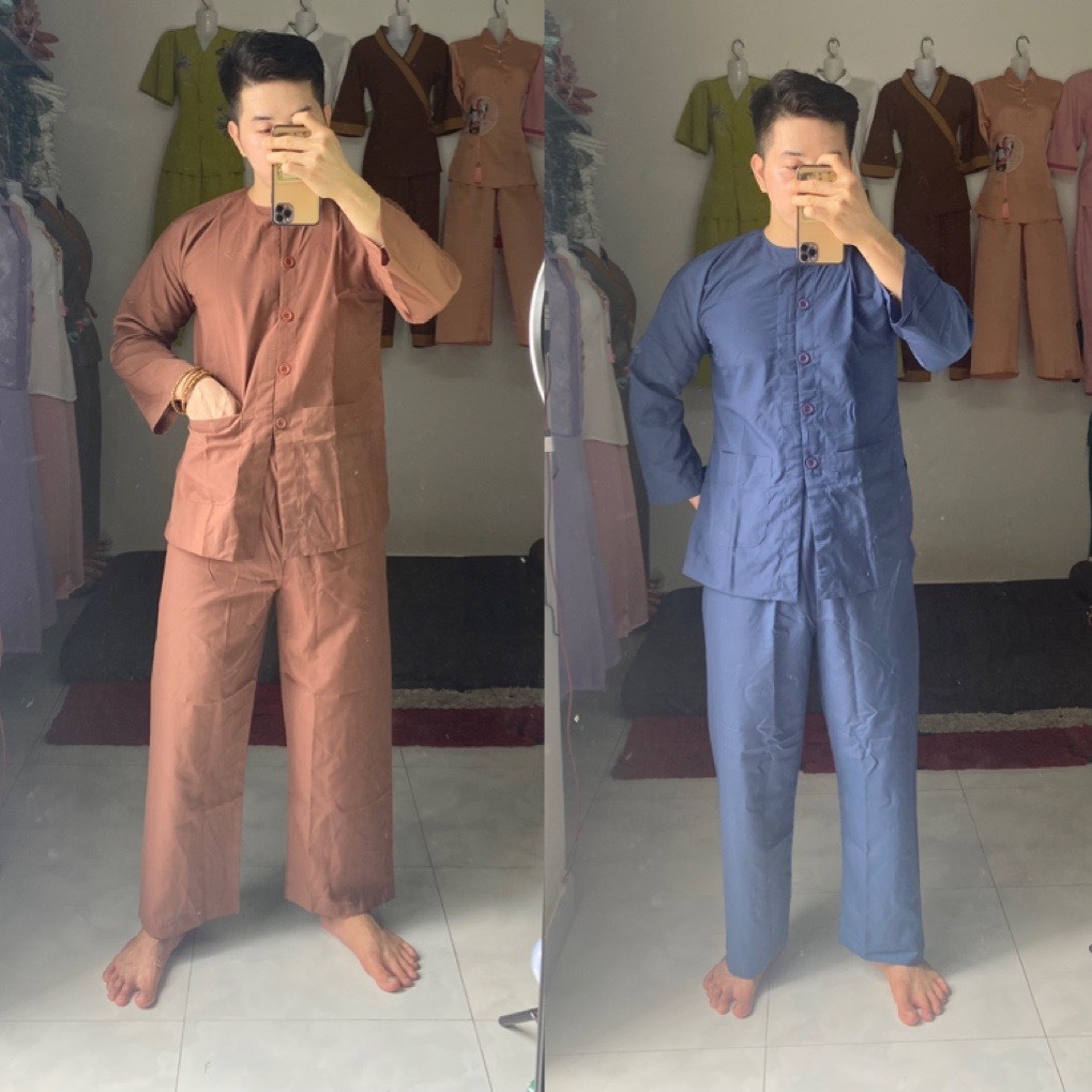 Bộ Đi Lễ Chùa - MẪU BÀ BA CÚT NHỰA - VẢI KATE MỀM ÁO CÓ TÚI DÀNH CHO NAM