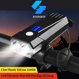 Đèn pha xe đạp ht sports 5 chế độ sáng có còi, đèn xe đạp thể thao tiện lợi chống nước sạc usb dc332