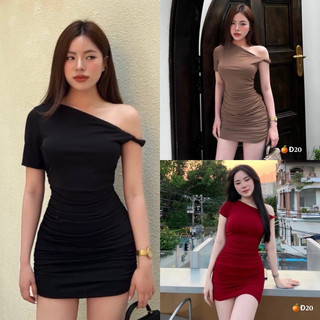Đầm body lệch vai xoắn kiểu dáng ngắn nhún hông