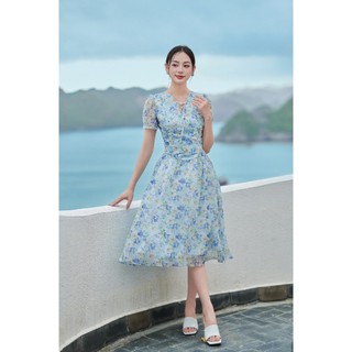 Đầm họa tiết cổ tim phối dây thắt nơ LD348
