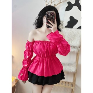 Áo tay dài bẹt vai bo tay đính nơ cực xinh , chất kate mềm mịn