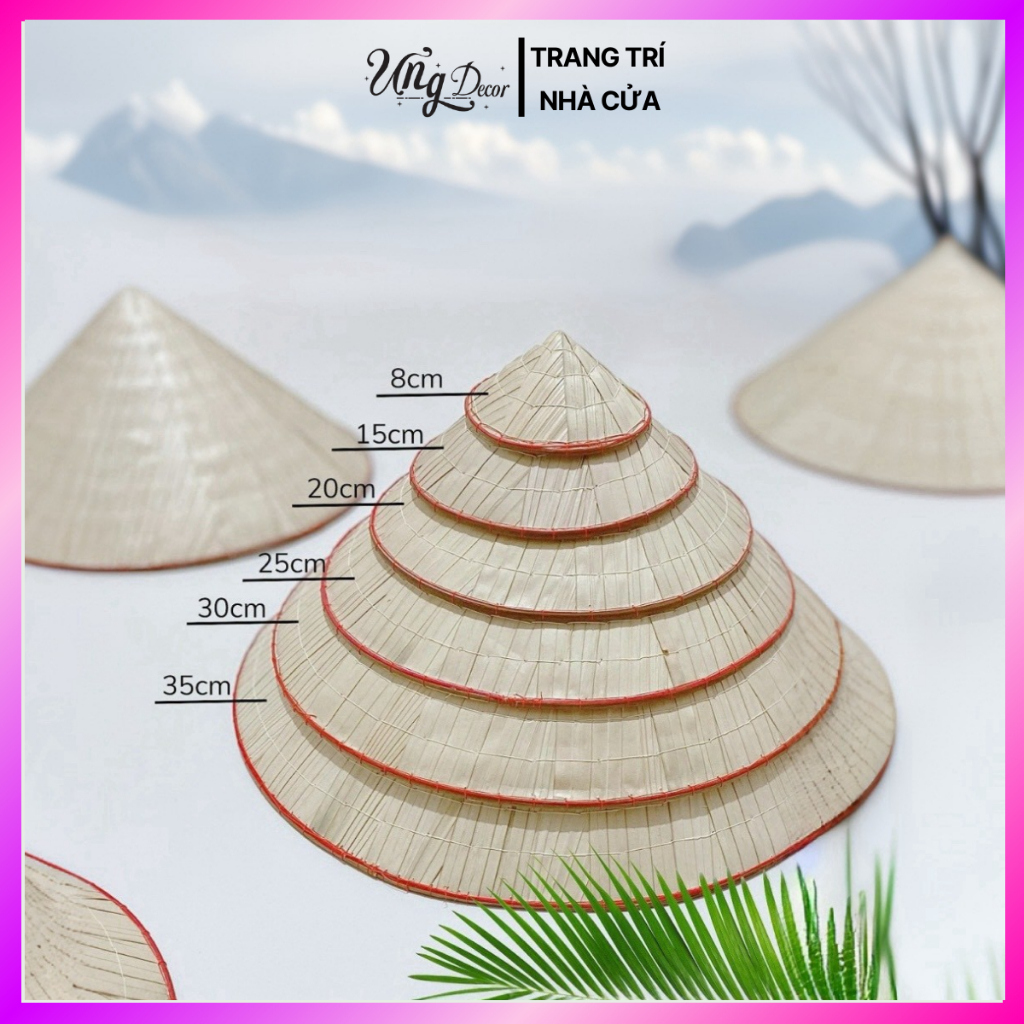 Nón lá mini viền đỏ phụ kiện decor, trang trí nhà cửa, sự kiện, đủ size 8-35cm hcm chính hãng Ưng decor