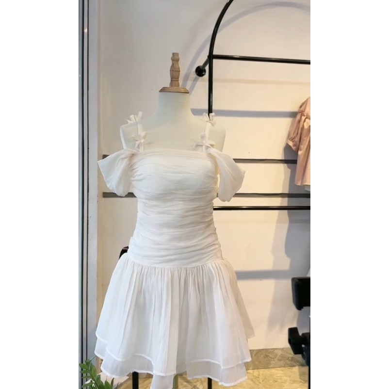 [Sẵn mút ngực] Đầm babydoll tiểu thư nhún eo dáng ngắn xoè đính nơ bánh bèo kèm quần chất tơ xốp HV240 | BigBuy360 - bigbuy360.vn