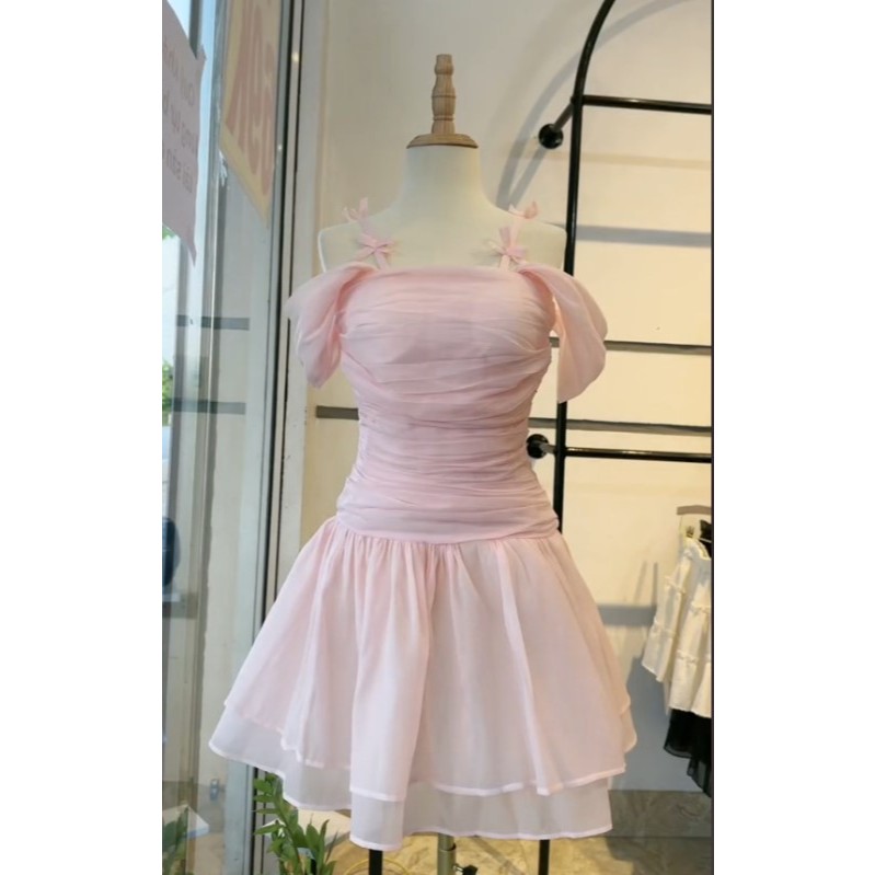 [Sẵn mút ngực] Đầm babydoll tiểu thư nhún eo dáng ngắn xoè đính nơ bánh bèo kèm quần chất tơ xốp HV240 | BigBuy360 - bigbuy360.vn