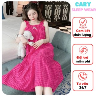 Bộ đồ ngủ nữ mùa hè sọc caro dễ thương váy ngủ 2 dây bản to dáng dài CARY