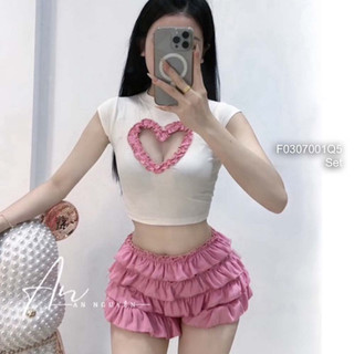 Set áo croptop ngực pha lưới viền bèo tay cộc + quần đùi đũi phối bèo tầng 0624 thaotranshop90 [kèm ảnh thật chụp sàn]