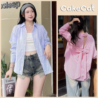 Áo Sơ Mi Kẻ Nơ Sau Dài Tay Chất Liệu Kate Dáng Dài Áo Kiểu Nữ Phù Hợp Đi Chơi Du Lịch Cakecat