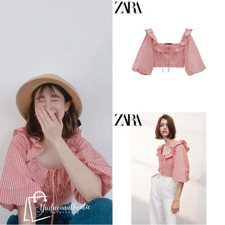 Áo zara 3666/073/061 ngắn tay bồng lớn màu hồng kẻ sọc)