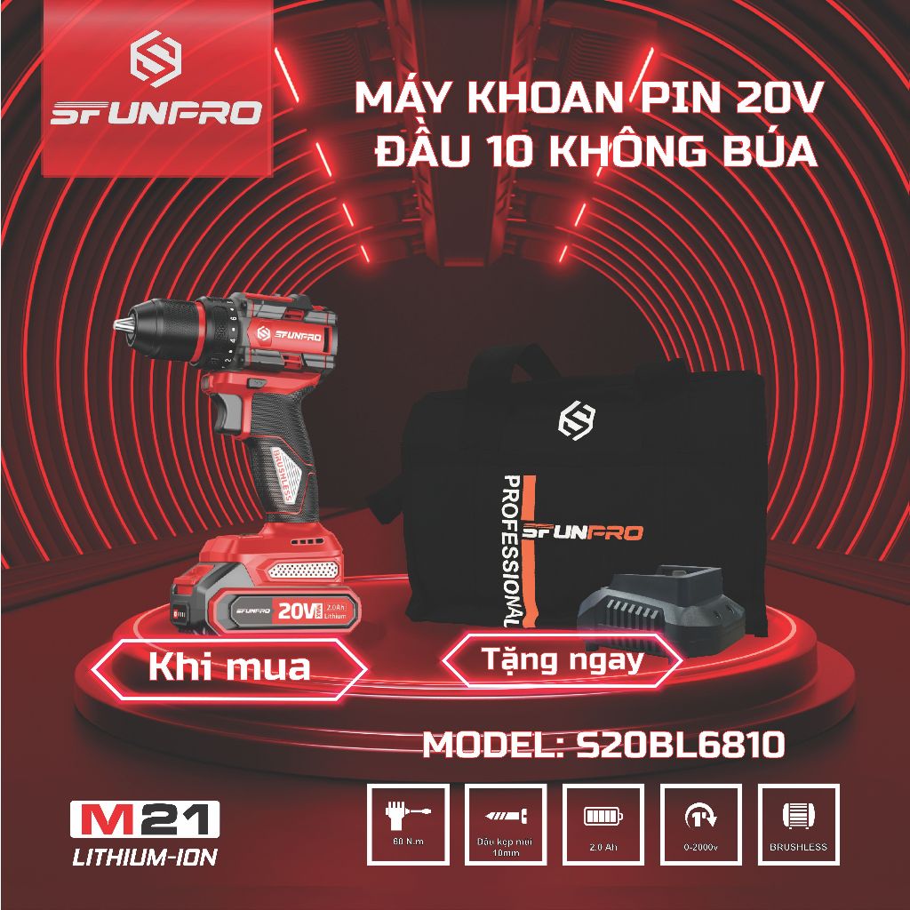 Máy khoan PIN 20V 10mm SFUNPRO. S20BL6810 .CHÍNH HÃNG