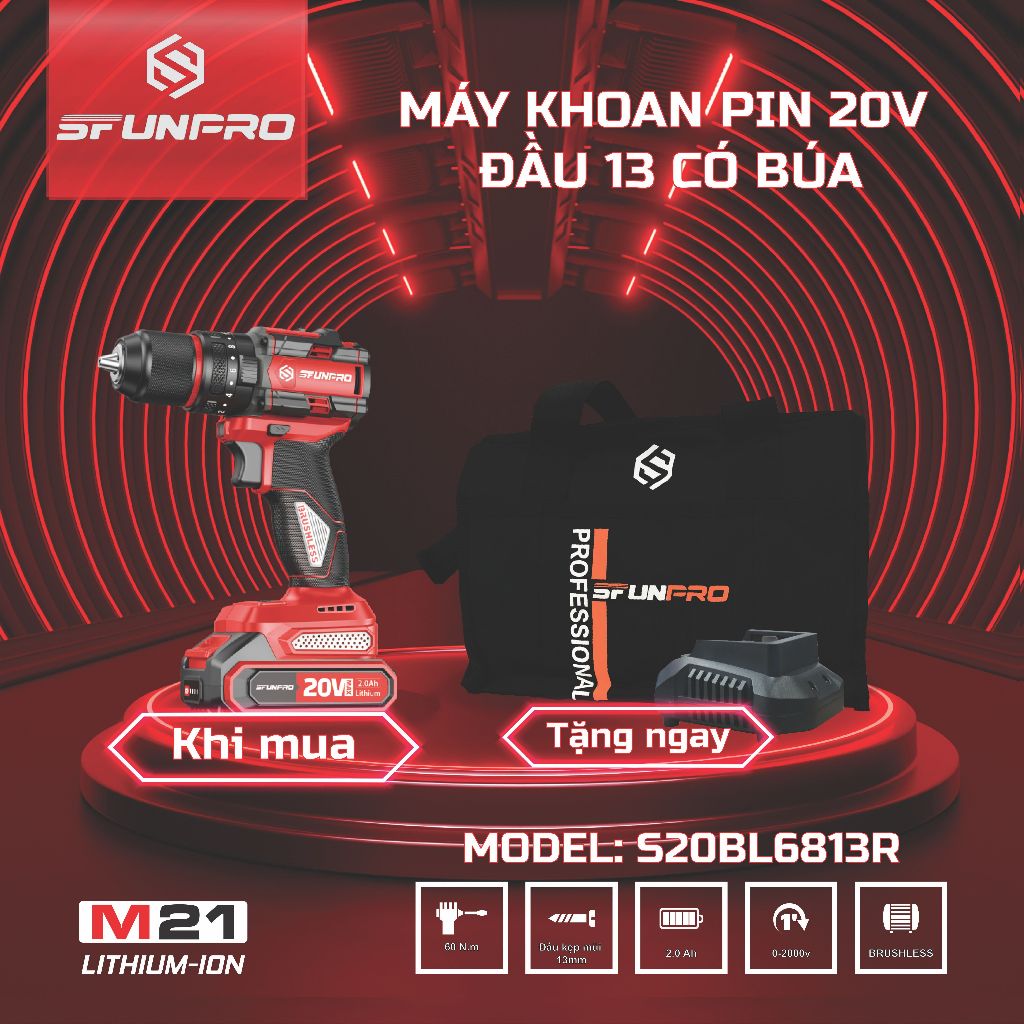 KHOAN ĐỘNG LỰC PIN  20V 13MM SFUNPRO S20BL6813R .CHÍNH HÃNG