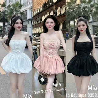 Đầm cúp ngực đính nơ ren bông dáng ngắn bí phồng