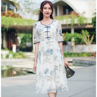 Đầm xòe Cổ vuông tim nút thắt tàu tay lỡ màuTrắng hoa TTV Store thời trang nữ TTV1549
