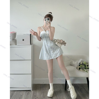 Váy kẻ cúp ngực lưng chun phối nơ buộc chân váy xòe tiểu thư