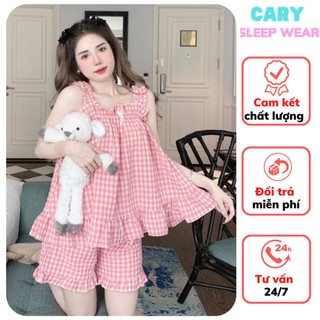 Set bộ đồ ngủ hai dây bản to kẻ caro chất kate lụa mềm mát mặc nhà mùa hè dễ thương CARY