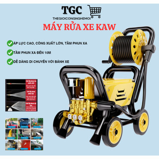 Máy rửa xe bán công nghiệp mới chính hãng KAW siêu mạnh, Có rulo cuốn 15M dây và khung 4 bánh xe, lõi đồng