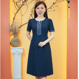 Đầm suông trung niên Cổ tròn tay ngắn Màu Xanh jean TTV Store thời trang nữ TTV1557