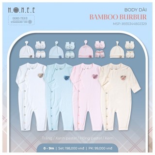 Hrnee - Body sơ sinh dài tay và phụ kiện mũ btbc bamboo burbur chất vải sợi tre cho bé