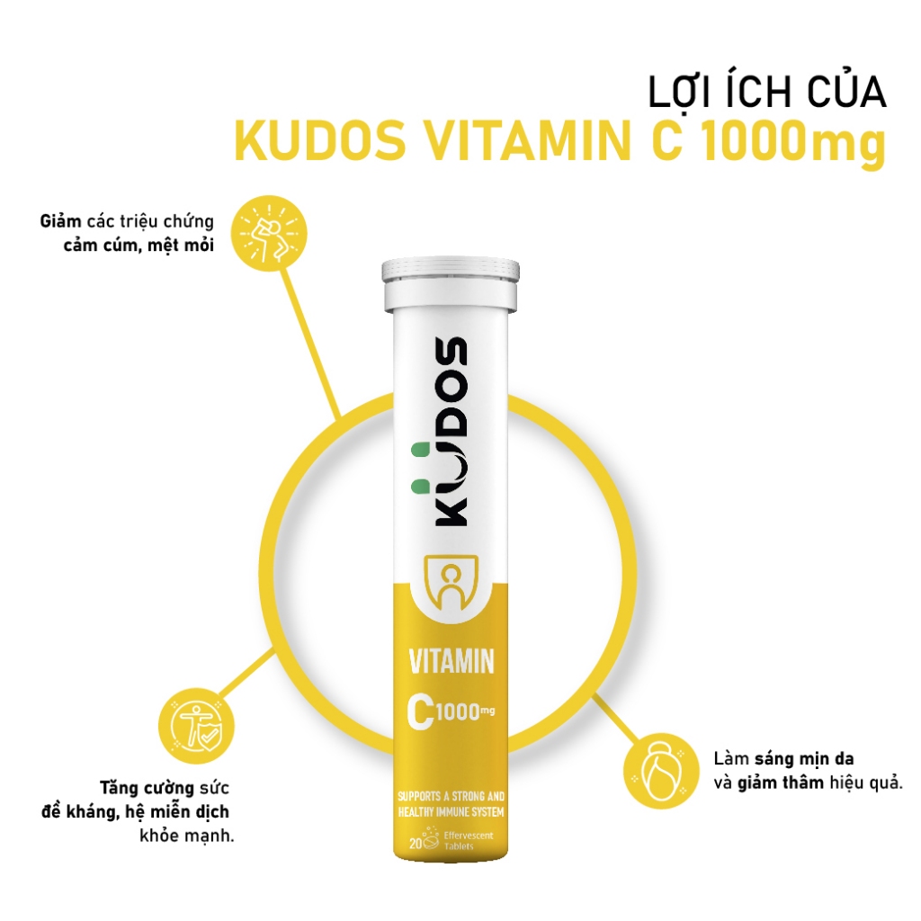 Viên sủi KUDOS VITAMIN C 1000mg nâng cao sức đề kháng hương chanh (20 viên/tuýp)