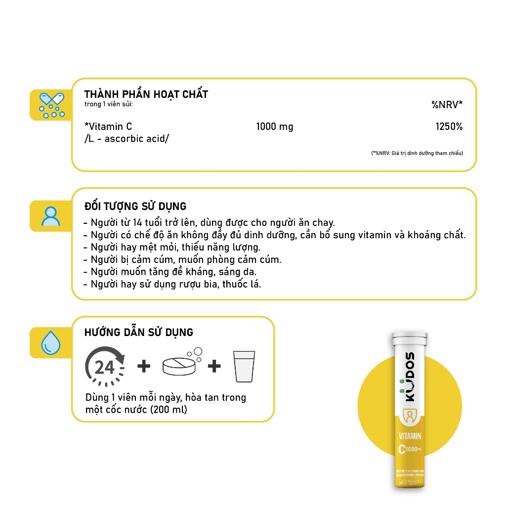 Viên sủi KUDOS VITAMIN C 1000mg nâng cao sức đề kháng hương chanh (20 viên/tuýp)