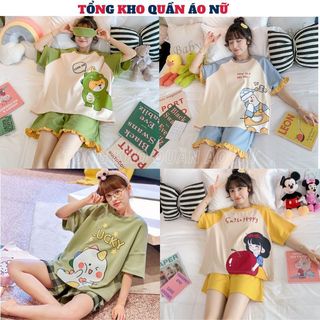Set đồ bộ mặc nhà in hình ngộ nghĩnh chất cotton mát mịn- bộ pijama đùi áo thun cộc tay thoáng mát phong cách hàn quốc