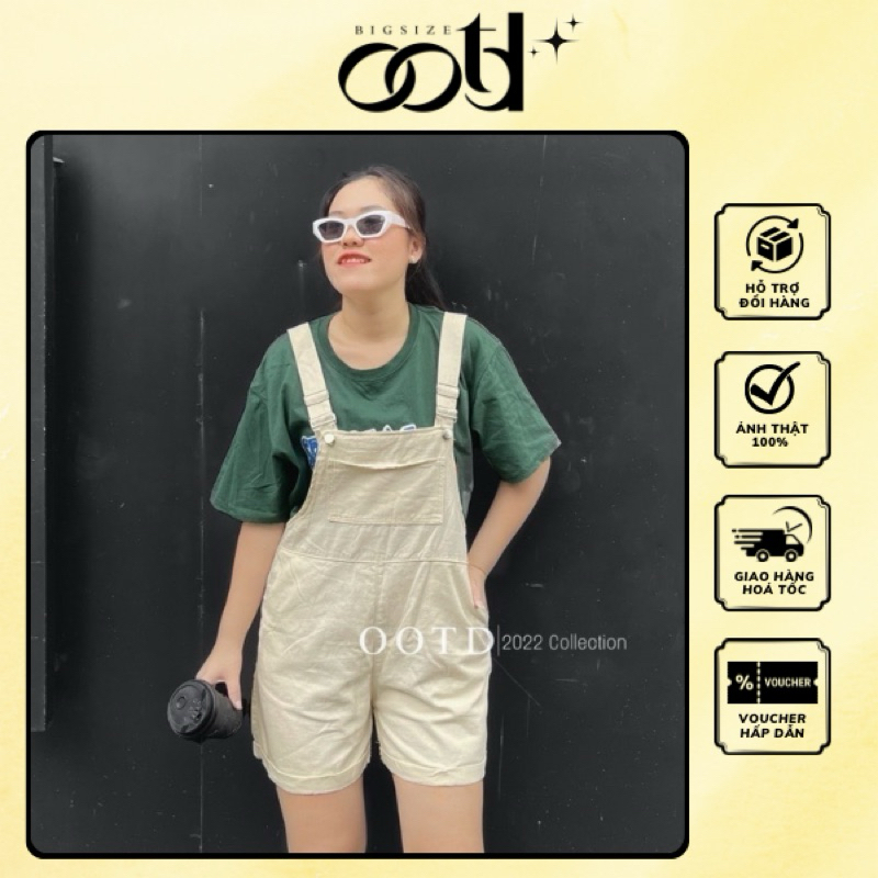 Yếm quần jean big size nữ màu kem [OOTD BIGSIZE 60-90KG]