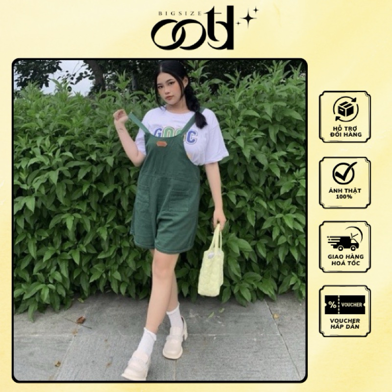 Yếm jean big size nữ xanh lá ống rộng [OOTD BIGSIZE 60-90KG]