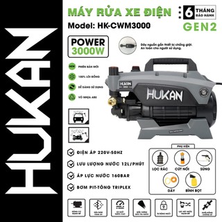 Máy xịt rửa hukan công suất 3000w motor dây đồng 100% - máy rửa xe hukan hk-cwm3000 áp lực 160bar có chỉnh áp
