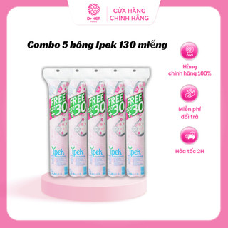 Combo 5 Bông tẩy trang IPEK 130 miếng siêu mềm mịn, thấm hút nhanh, an toàn mọi loại da, thành phần 100% cotton tự nhiên