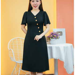 Đầm form A Cổ tim kết nút tay loe Màu Đen  TTV Store thời trang nữ TTV1555