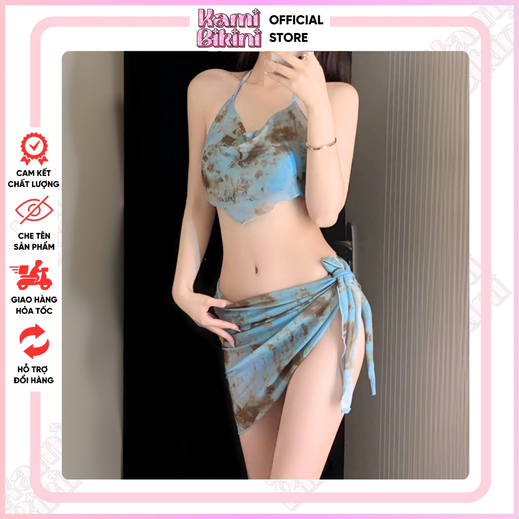 Bikini 3 chi tiết đi biển loang xanh CỔ ĐỔ sẵn đệm mút, đồ bơi nữ sexy sang chảnh che khuyết điểm cho nữ <55kg - Mã B06