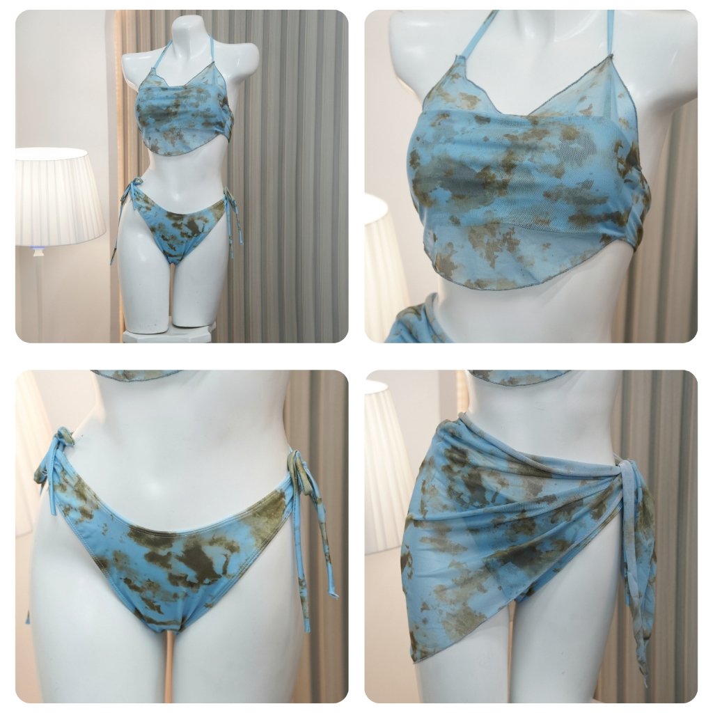 Bikini 3 chi tiết đi biển loang xanh CỔ ĐỔ sẵn đệm mút, đồ bơi nữ sexy sang chảnh che khuyết điểm cho nữ <55kg - Mã B06 | BigBuy360 - bigbuy360.vn