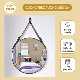 Gương Tròn Treo Tường Viền Dây Da Không Led Và Có Đèn Led Sang Trọng Treo Bàn Trang Điểm, Phòng Ngủ.