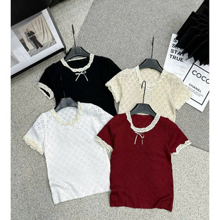 Áo len nữ cộc tay nơ nhí mix ren, len giấy mềm mát phong cách dễ thương freesize