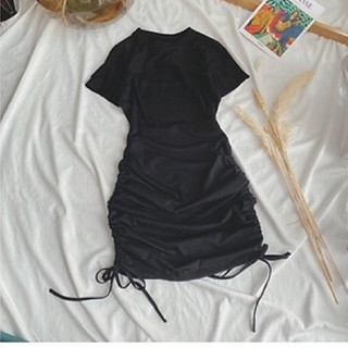 Váy body thun cộc tay khoét ngực, đầm body dây rút bên hông chất cotton