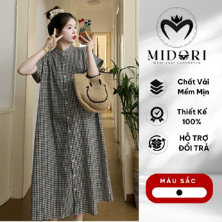 Đầm Suông, Váy Bầu Mùa Hè Thiết Kế Dáng Dài Sọc Kẻ Caro Cổ Tàu Chất Vải Dài Qua Gối MIDORI