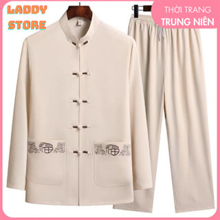  Bộ cổ tàu nam dài tay Bộ trung niên nam chất liệu đũi Quần áo pháp phục cho nam giới hoạ tiết túi thêu nhã nhặn 