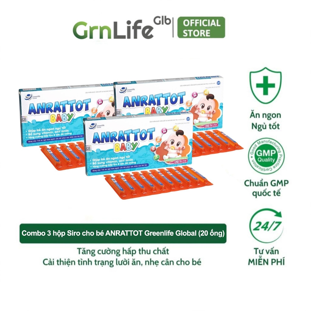 Combo 3 hộp siro ăn ngon cho bé GrnLife Anrattot Baby - Giúp bé ngủ ngon, tăng cân tăng đề kháng, giảm biếng ăn
