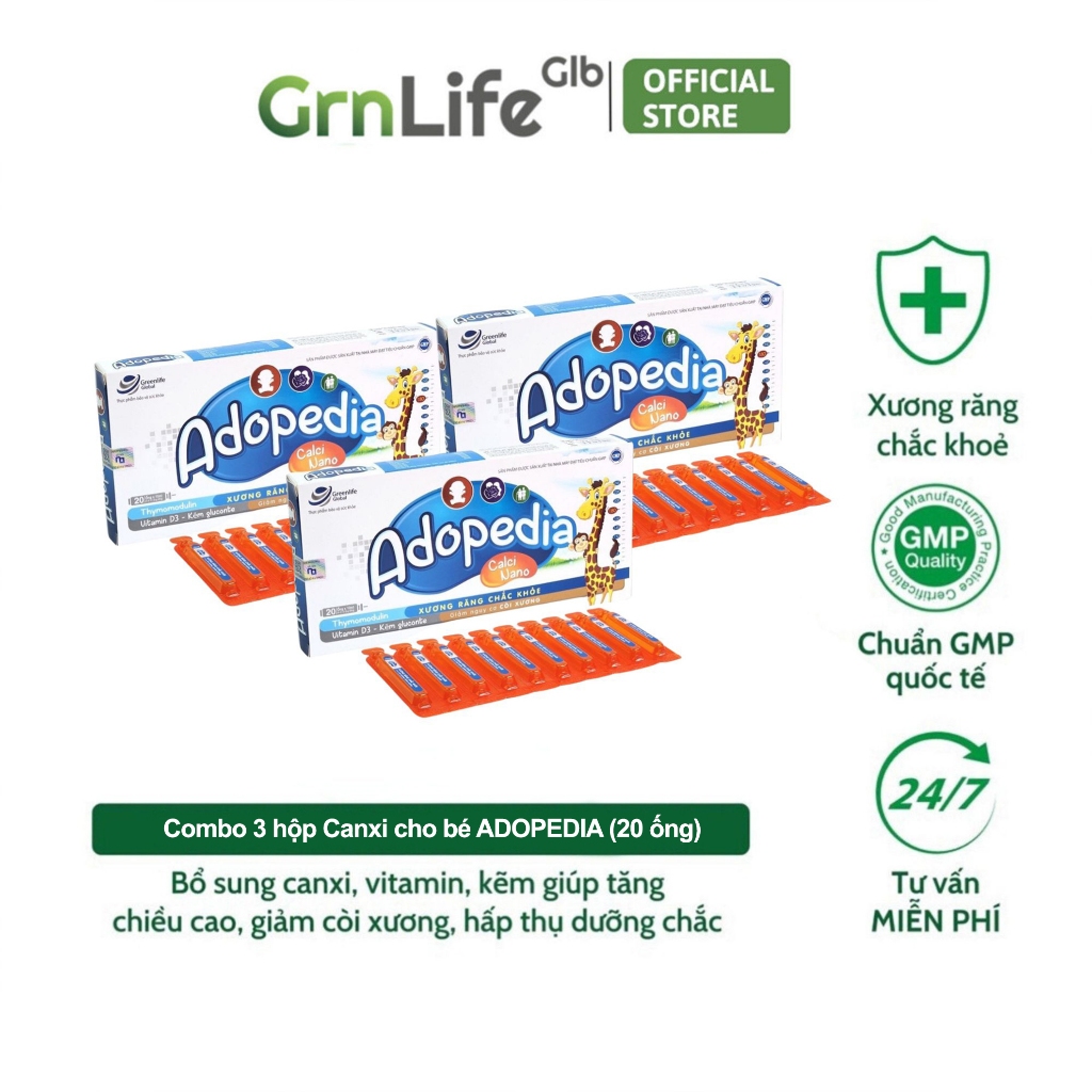 Combo 3 hộp canxi cho bé GrnLife Adopedia siro vị sữa - Giúp xương chắc khoẻ, tăng chiều cao