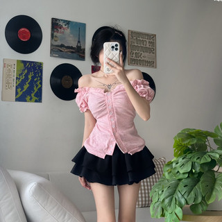 Áo trễ vai hồng sữa