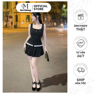 Set Áo Cổ Vuông Đính Nơ Mix Chân Váy Xếp Ly Siêu Hot Thiết Kế Thời Trang Nữ | MORI CLOTHINGS