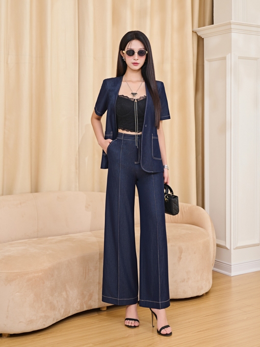 Set áo blazer cổ V phối quần ống suông chất lụa nổi chỉ Orchid - BH14S961