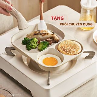Chảo chiên rán trứng lớn làm bánh 3 ngăn chống dính khuôn chảo hình tròn dùng được bếp từ