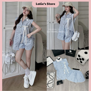 Set Bộ Đồ Nữ Kẻ Xanh Nơ Áo Sát Nách Phối Cổ Sơ Mi Có Đệm Vai Nơ Cài Rời Mix Quần Short Đùi Lượn Gấu Viền Ren Freesize