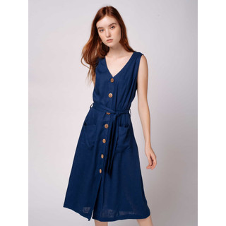 Đầm xanh Linen nút có kèm belt thắt eo Thach lịch và thời trang - YV LE & CO